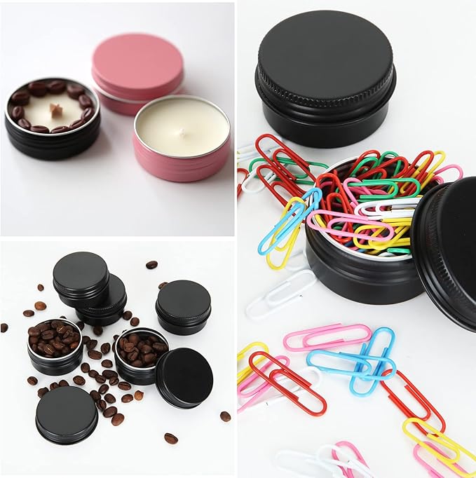 Acrux7 50 Pack 1oz Black Tins with Lids, 30 ml Aluminum Screw Top Tin Containers, Round Lip Balm Tins, Small Metal Storage Travel Tin Cans for Salves, Candles, Cream, Cosmetics, Spices (Black)