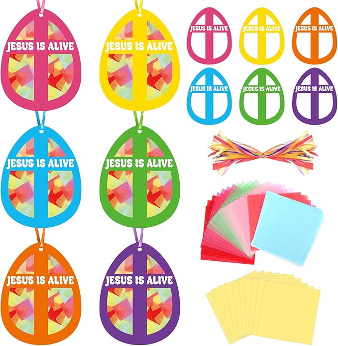 Qyeahkj 36 Set Easter Eggs Suncatchers Crafts for Kids DIY Jesus is Alive Cross Window Tissue Paper Craft Kit Religion Hanging Decor for Church School Home Activity Art Project Party Favor Gift