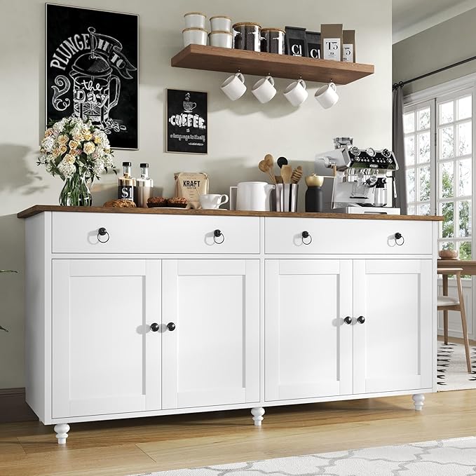 4 EVER WINNER Buffet Cabinet with Storage, 55'' Large Farmhouse Storage Cabinet with 2 Drawers and 4 Doors, Coffee Bar Cabinet with Adjustable Shelves for Kitchen, Dining Room, White