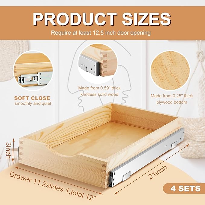 Sintuff 4 Pack Wooden Pull out Tray Cabinet Organizer Gentle Close Roll out Shelves for Kitchen Cabinets Fully Assembled Slide Pantry Shelves (12'' X 21'')