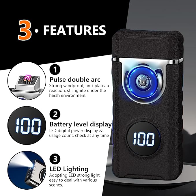SKRFIRE Electric Lighter - Windproof, Plasma-Flame Arc Lighter, Rechargeable USB, Battery Indicator (Matte Black)