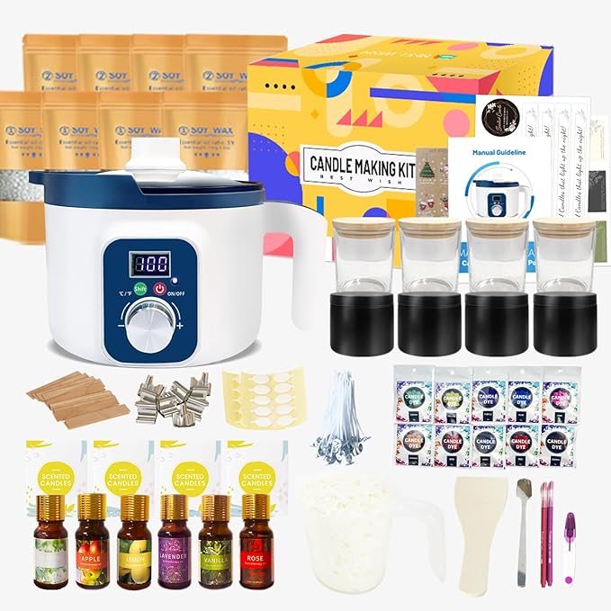 Complete Candle Making Kit with Wax Melting Pot Temperature Controlled, Wax Making Kit for Candles with Digital Warmer, Products to Make Scented Candles at Home