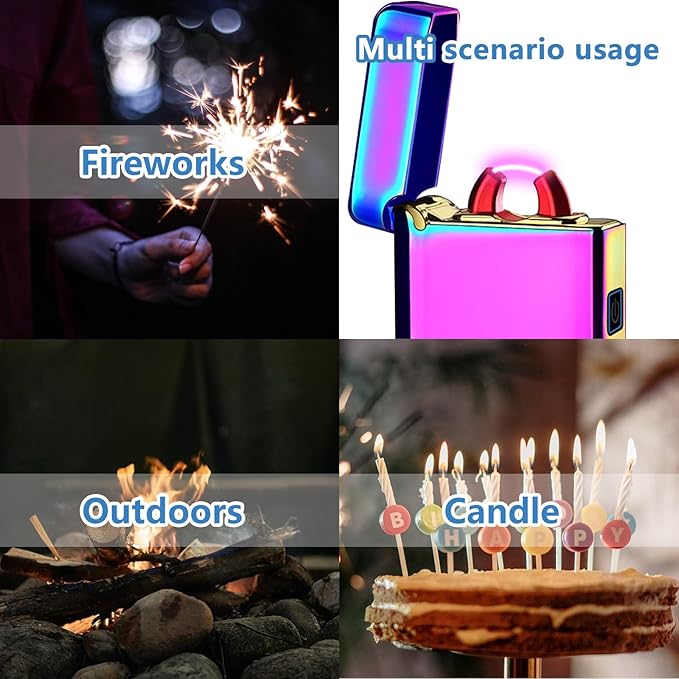 Electric Arc Lighter Rechargeable USB C Lighter Plasma Torch Windproof Big Lighters Unique Cool Lighters with Upgraded Secure Battery LED Flashlight for Camping, BBQ, Travelling (Ice Colorful)