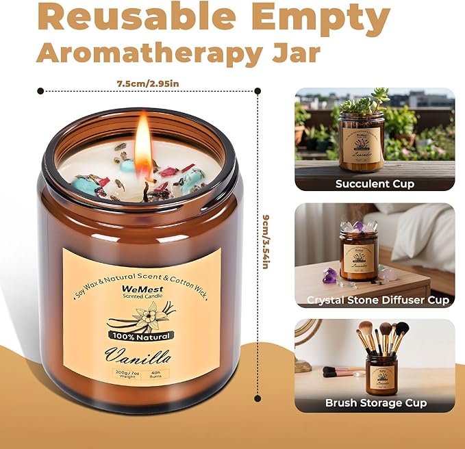 Candles for Home Scented 2 Pack, Vanilla Scented Candle with Dried Flowers, Coconut Vanilla Soy Candles with Crystals, Candle Set for Creating a Relaxing Ambiance
