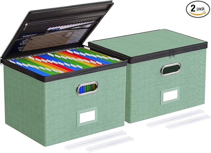 Oterri 2 Pack Large File Organizer Boxes with Lids, File Box with Mesh Pockets, Document Organizer Box for Letter/Legal Size Folders, Zippers Important Document Organizer (Green, Without Folders)