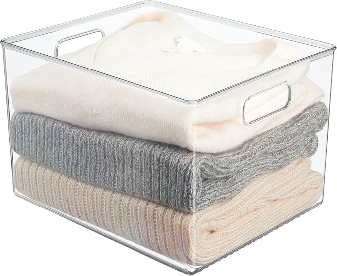 mDesign Large Plastic Storage Organizer Container Bin, Closet Organization for Hallway, Bedroom, Linen, Coat, and Entryway - Holds Clothing, Blankets, and Accessories, Ligne Collection, Clear