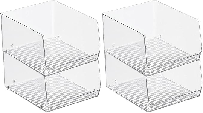 mDesign Wide Stackable Plastic Food Storage Organizer Bin Basket with Open Front for Household Kitchen Cabinets, Pantry, Offices, Closets, Bedrooms, Bathrooms - 10.2" Wide, 4 Pack - Clear