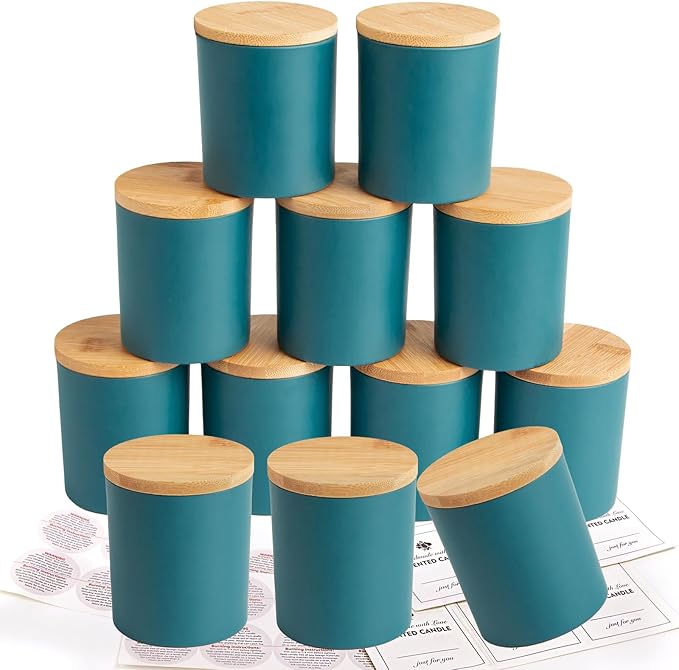 CONNOO 12 Pack 10 OZ Navy Blue Glass Candle Jars for Making Candles with Airtight Bamboo Lids Nice Sticky Warning Labels for Candle Making Empty Container Bulk - Dishwasher Safe