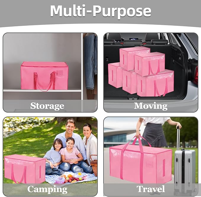 8 Pack-Extra Large Heavy Duty Moving Bags - Waterproof Storage Totes with Handles & Zippers, Foldable for College Dorm, Storage (Pink)