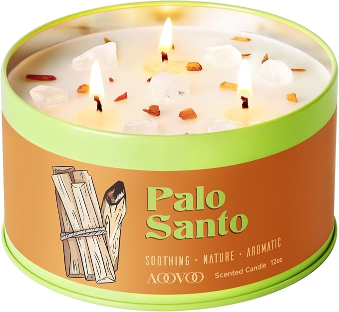 AOOVOO Palo Santo Candle for Meditation & Cleansing - 3 Wick 12oz Scented Candle with White Crystals & Palo Santo Inside, Non-Toxic Soy Candle for Spiritual Healing, Aromatherapy Gift for Women & Men