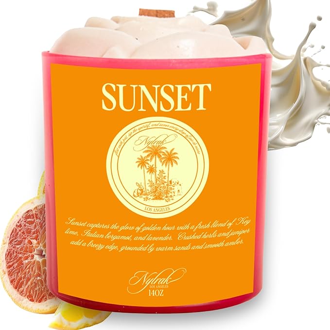 Body Oil Massage Candle | Melts into Skin Softening Warm Massage Oil - Natural Wood Wick - Soy & Coconut Wax - Grapefruit & Key Lime with Citrus Notes - Self Care Gift (Sunset 9oz)