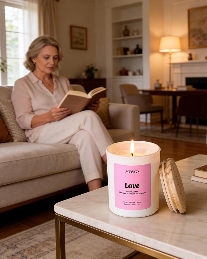 AOOVOO Mom Candles Set for Women - 4 Pack Candles for Home Scented, 28 oz 200h, Aromatherapy Candle with Crystals, Gratitude Rhodonite/Appreciation Clear Quartz/Blessing Aventurine/Love Rose Quartz