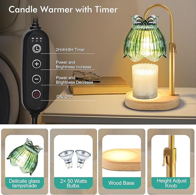 Candle Warmer Lamp with Timer & Dimmer, Adjustable Height Electric Wax Melt Warmer for Scented Jar Candles, Home Fragrance Decor, Birthday Gift Women Mom