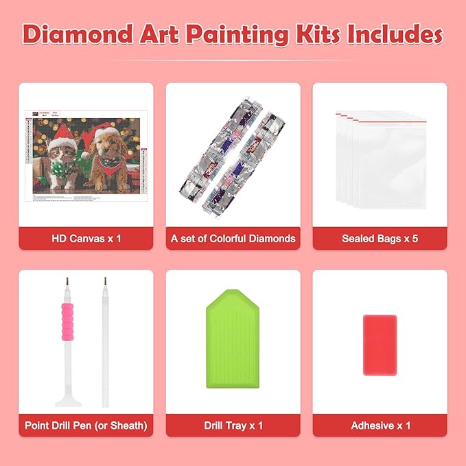 MOGTAA Christmas Diamond Art Kits for Adults, 5D Full Drill Cat and Dog Diamond Painting Kits for Adults Beginner, DIY Round Diamond Dots for Adults, Gem Art for Home Wall Decor 12 X 16 Inch