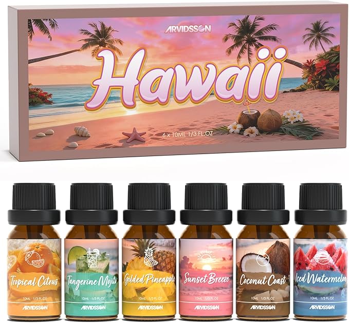 ARVIDSSON Hawaii Fragrance Oil Set, Summer Essential Oils for Diffuser, Tropical Scent Oils - Sunset Breeze, Coconut Coast, Gild Pineapple, Tropical Citrus, Iced Watermelon, Tanderine Mojito,