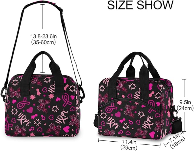CBBYY Breast Cancer Awareness Butterfly Lunch Bags for Women Men, Reusable Insulated Lunch Box, Adjustable Shoulder Straps Tote Lunch Bag for Work Picnic School