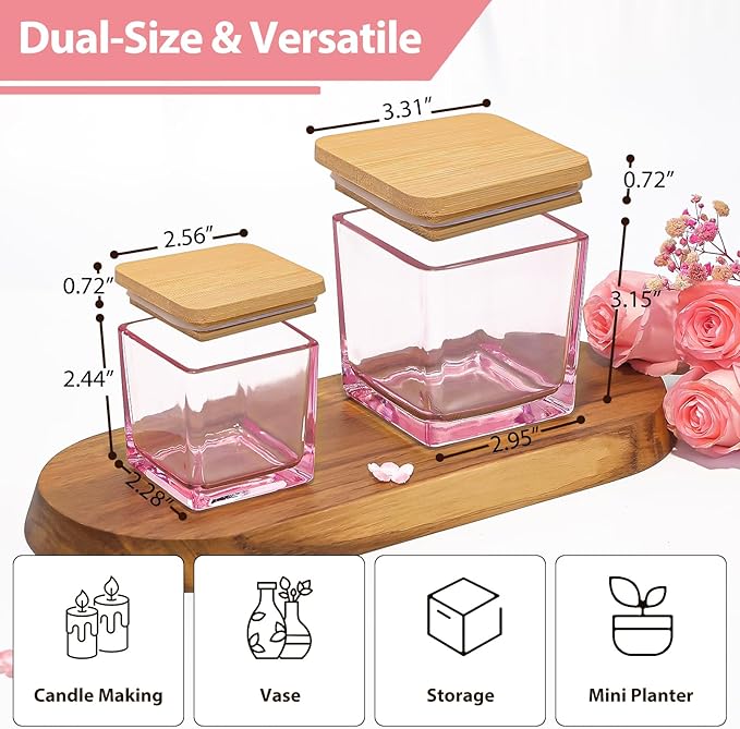 CONNOO 12 Pack 9oz, 3oz Pink Square Candle Jars for Making Candles, Thick Glass Bulk Empty Candle Containers with Airtight Bamboo Lids for Candle Making, Sticky Warning Labels - Dishwasher Safe