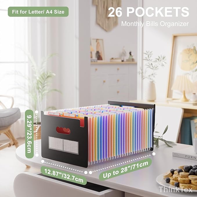 ThinkTex 26 Pockets File Folder, A4 Accordion File Organizer, Letter Size Expandable File Folders, Accordion Folder Paper Coupon Bill Receipt Organizer with 3 A-Z Alphabet Colored Tabs