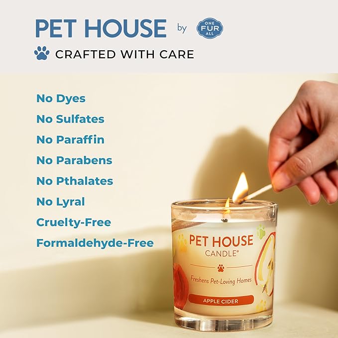 One Fur All Pet House Candle Plant-Based/Soy - Clean Burning Scented,Long Lasting Pet Odor Candle for Home - Sunwashed Cotton