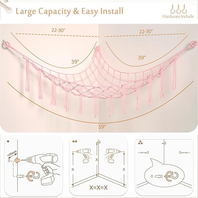 YKBU Stuffed Animals Hammock Corner Hanging Net with Wooden Beads Macrame Stuffed Animal Storage Ideas Plush Holder Toy Organizer for Boho Nursery Playroom Bedroom Kids Room Décor (light pink, Large)