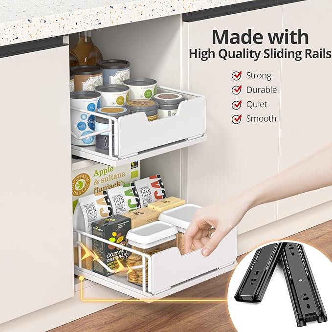ZOINLIY Pull Out Cabinet Organizer, Pantry Slide Out Drawer Organizer with Adhesive Strips, Heavy Duty Under Sink Organizer, Storage and Organization for Kitchen, Bathroom, 15.7" D x 9.8" W x 4" H