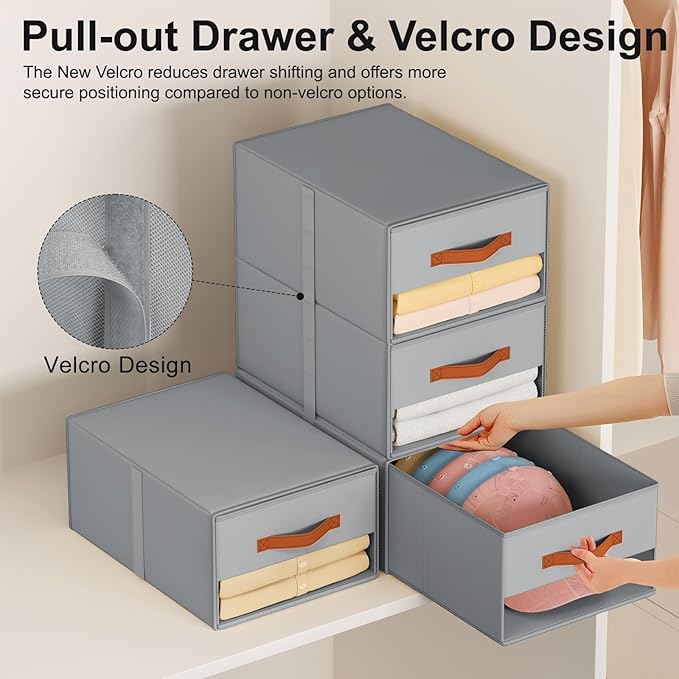 Stackable Storage Drawers - Pull Out Storage Bins with Drawers for Closet Clothes Organizers with Weekly Labels & Clear Window, Closet Shelf Storage for Bedroom, Living Room, 5 Pack, Grey