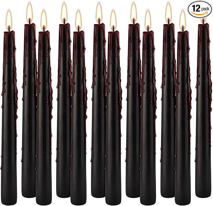 12PCS 10-Inch Black Bleeding Taper Candles,Vampire Tears Taper Candles- Unscented Candle Pack Ideal for Halloween, Christmas, Rituals, and Themed Party Decor.
