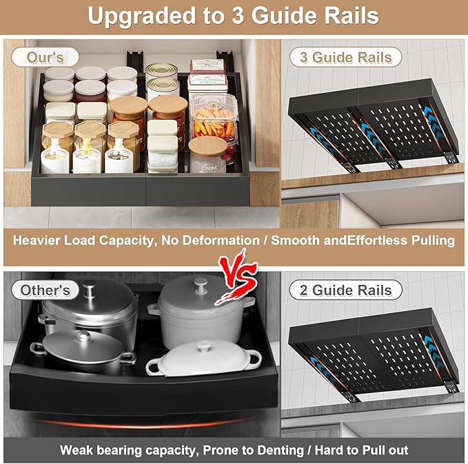 Pull out Cabinet Organizer,Expandable Width(15"-21") and Depth(17"-24") with 3 Rails,Roll out Drawers,No Drill Adjustable Slide out Shelves for Kitchen,Pantry,for Both Lip and Lip-Free Cabinets,Black