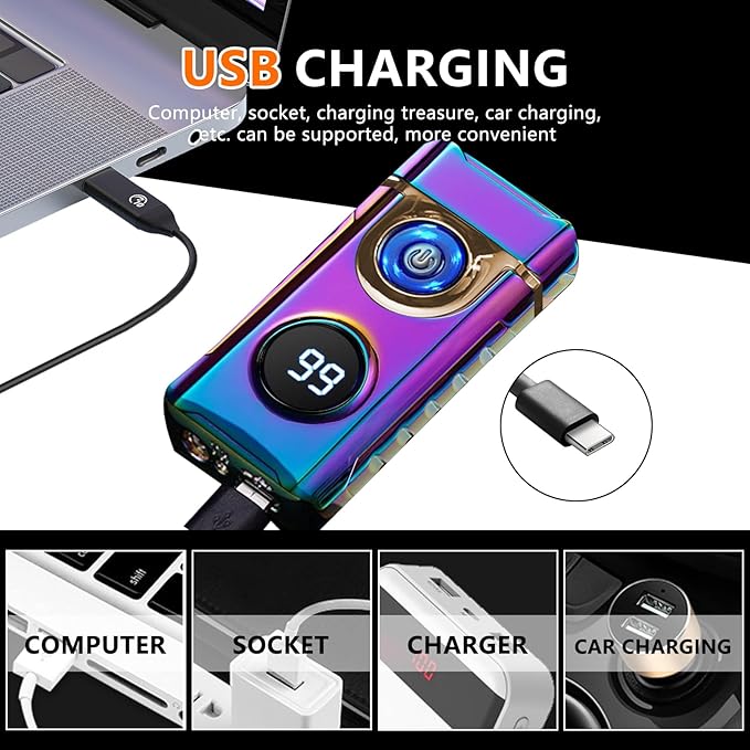 SKRFIRE Plasma Rechargeable Electric Lighter for Candle - Arc Type C Electronic Torch, Windproof Portable Metal With LED Power Display for Camping, Hiking, BBQ (Colour)