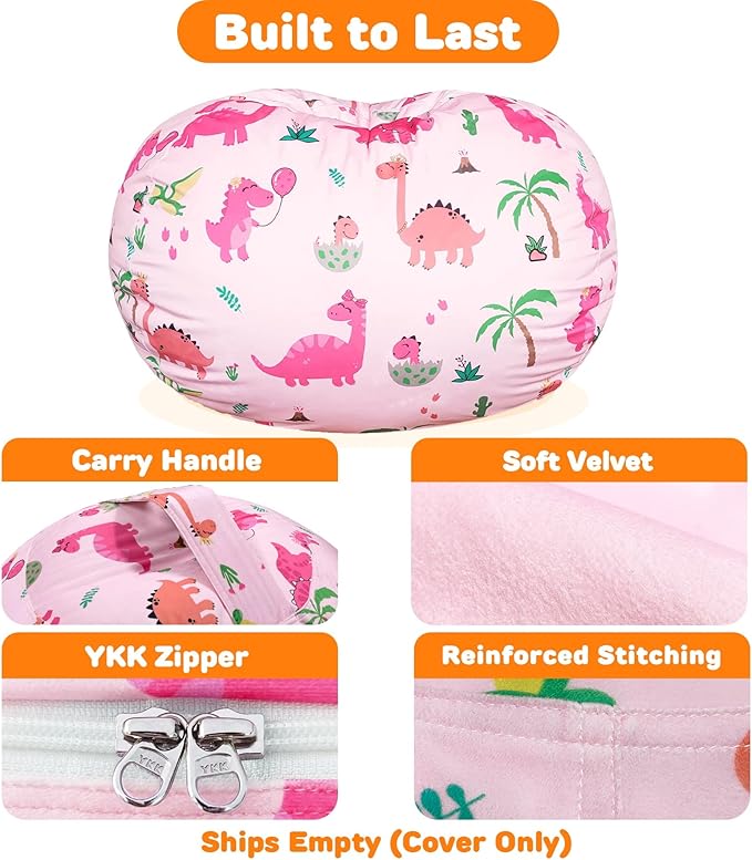 Lukeight Dinosaur Stuffed Animals Storage Bean Bag Chair Cover Only (Ships Empty, No Filling) - Velvet YKK Zipper Beanbag Cover for Kids Big kids, Washable Plush Toy Organizer, X-Large 30" D x 18" H