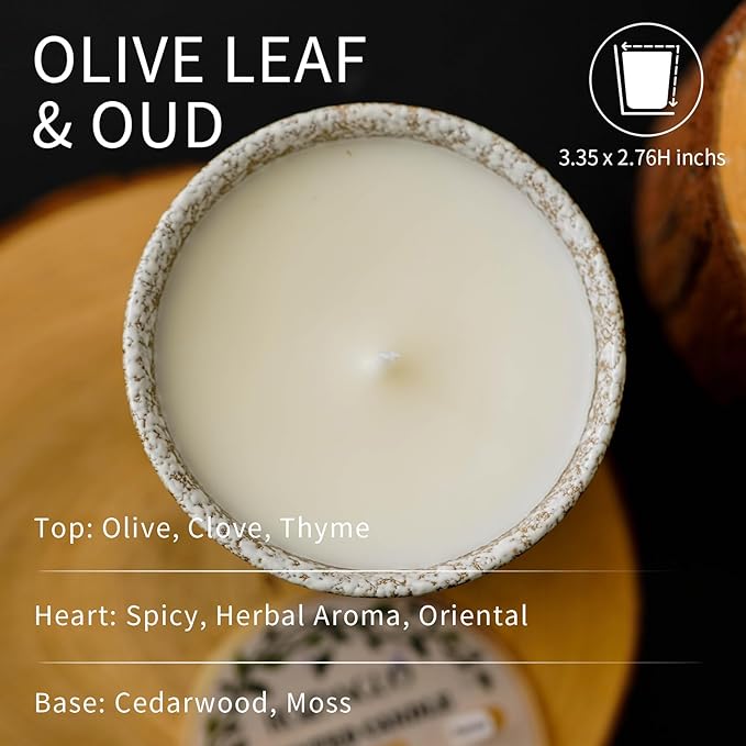 Luxury Textured Ceramic Jar Scented Candle | Non Toxic 100% Natural Coconut & Soy Wax Blend Cotton Wick | 5.2oz | Hand Poured Highly Scented Long - Lasting | Women & Men | (Olive Leaf & Oud)