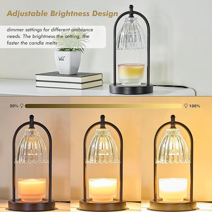 GyroVu Candle Warmer Lamp with Timer, 3-Level Dimmable Candle Lamps Vintage Glass Shade, Candle Warmer Light Wax Melt Warmer for Scented Wax, Black Warmer Lamp for Women Home Decor (2 Bulbs Included)