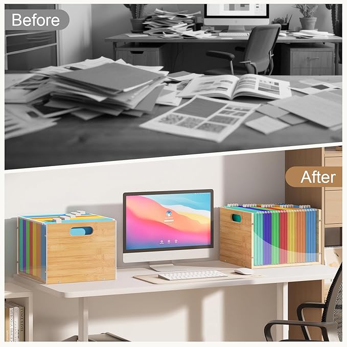 Sbanmao Clear Acrylic File Box Organizer, Bamboo Hanging Folder Storage Boxes, Filing Crate Bin Holder with Handle for Home Office Desk, Letter Size