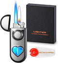 Torch Dual Flame Lighter with 6 Flint Stones, Windproof with Gas Window, Adjustable Soft & Jet Flame, Refillable Butane for Indoor Outdoor - Black