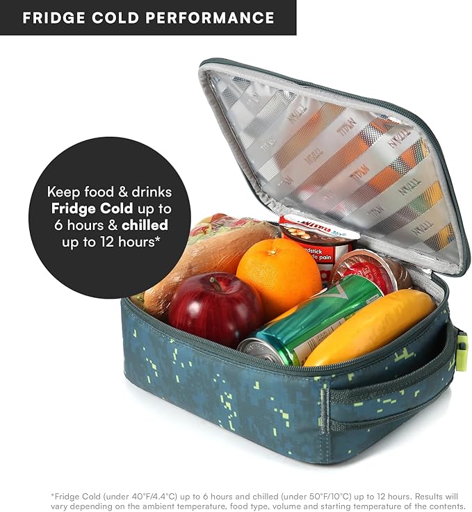Titan by Arctic Zone Fridge Cold Lunch Box with 2 Gel Ice Packs, Small Insulated Cooler Bag with Leak Proof Lining for School and Work, Pixel Camo