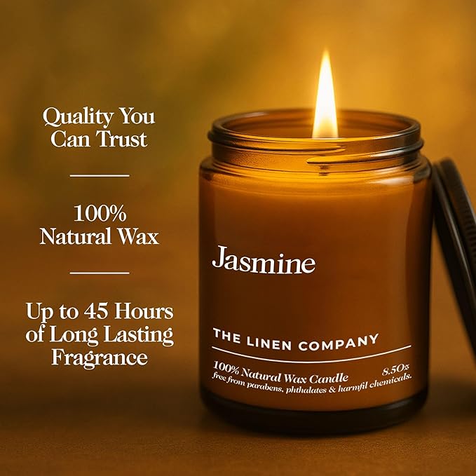Hand Poured Non Toxic Candles - Jasmine Fall Candles with Premium Natural Wax - Aromatherapy Scented Candles with Sandalwood, Lemon & Ylang Ylang Notes - 8.5 Oz, 45 Hrs Burn Time