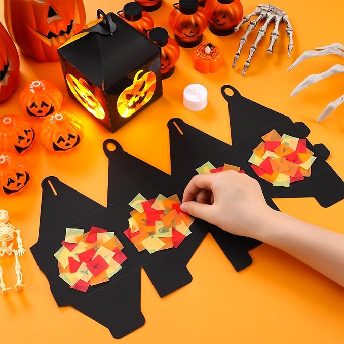Simgoing 12 Sets Halloween Jack-O-Lantern Crafts with LED Candlelight Jack-o-Lantern Tissue Paper Crafts Kits DIY Pumpkin Suncatchers Lanterns Kits Hanging Spooky Supplies for Halloween Party Decors