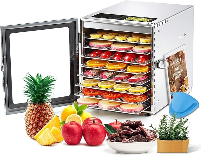 Cercker Food-Dehydrator Machine 8 Stainless Steel Trays, 500W Jerky Dehydrator for Meat, 190ºF Mushroom Dryer, 24H Timer Fruits Dryer for Herbs, Veggies, Yogurt & Dog Treats