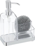 mDesign Plastic Kitchen Sink Countertop Hand Soap Dispenser Pump Bottle Caddy Organizer Holder with Storage for Bathroom - Holds Dish Sponge and Brushes - Omni Collection - Clear/Chrome