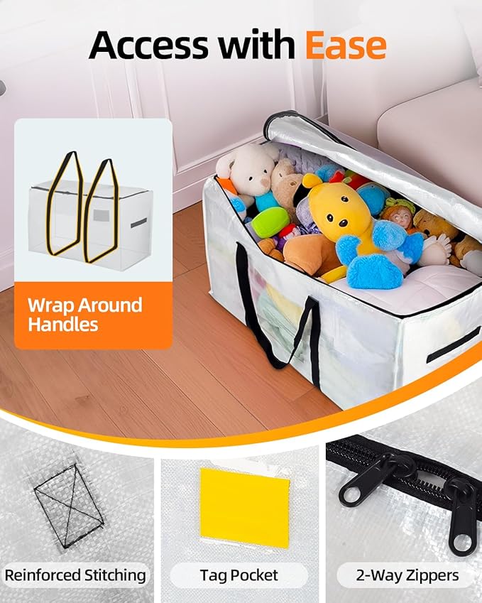 Extra Large Moving Bags, 12 Pack Heavy Duty Storage Bags Boxes Bins Totes with Hnadles Zippers Visible Window for Clothes College Dorm Travel, Clear