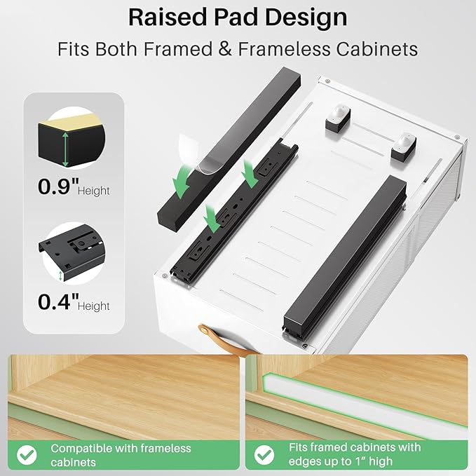 Pull out Cabinet Organizer, Expandable Depth(15.7"-21.7") with Raising Pad for Framed Cabinets, Heavy Duty Slide out Drawers, Adhesive Roll Out Shelves for Kitchen, Pantry Storage(White, 1-Pack)