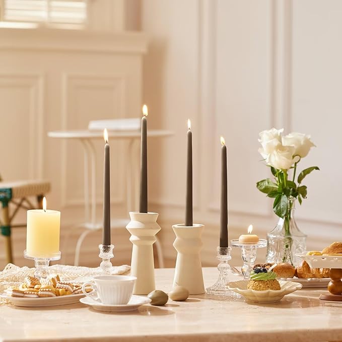 12-Inch Tall Dripless Taper Candles Set of 4 - Taupe Tapered Candles, Perfect for Spring - Smokeless, Unscented, Long Burning - Hand Poured, Colored Tall Candlesticks - Gray