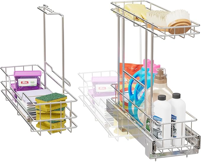 2 Tier Under Sink Organizer 11" W X18 D, Pull Out Cabinet Organizer One Removable Basket, Under Sink Slide Out Chrome Plated, Under Kitchen Bathroom Sink Organizer, 1 Pack