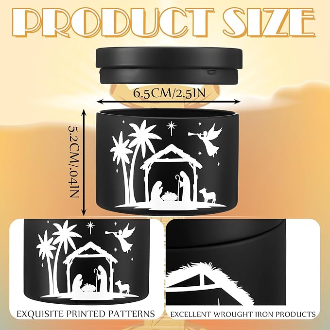Willinglong 10 Pack Jesus Advent Candle Tins 4 oz Nativity Theme Empty Candle Jars with Lids Black for Making Candles DIY Christmas Catholic Christian Church Gift, Exquisitely Packaged