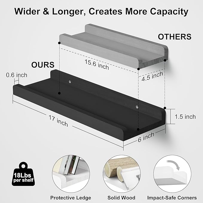 Love-KANKEI Floating Shelves Wall Mounted Set of 2, 17 Inch Rustic Wood Wall Shelves for for Storage, Bedroom Living Room Bathroom Kitchen Office and More Black