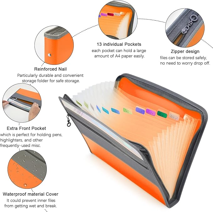 NAFY Expanding File Folders, 2Pack 13 Pockets Document Organizer with Zipper, A4 Letter Size Portable Accordion Expanding File Folders with Multicolor Labels for Office School Supplies (Black+Orange)