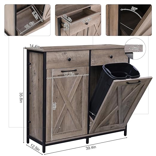 Clevich Double Tilt Out Trash Cabinet 20 Gal, Kitchen Wooden Recycling Cabinet, Hidden Garbage Can Holder w/Drawers & Tabletop, Dog-Proof Trash Bin Cupboard, Rubbish Bins NOT Included(Gray)