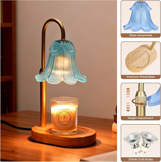 Candle Warmer Lamp with Timer Dimmable, Wax Melt Warmer Adjustable Height, Flower Warmer Lamp with 2 Bulbs for Jar Candles, House Warming New Home Decor, Gift for Mom Women (Blue)