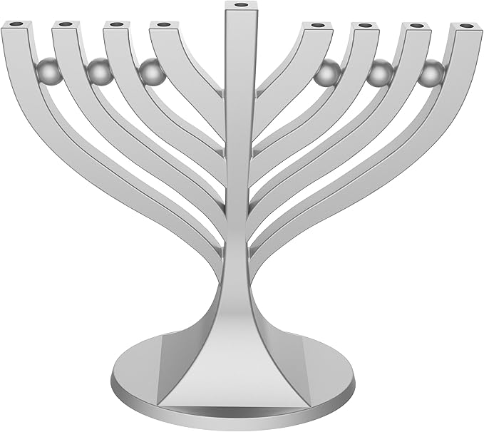 Zion Judaica Mini Classic Menorah with Mini Birthday Size Hanukkah Candles - Satin Silver Small Travel Minorah with 44 Blue and White Spiral Chanukah Candles - On The Go Hanukkiah Cute Hanukkah Gift