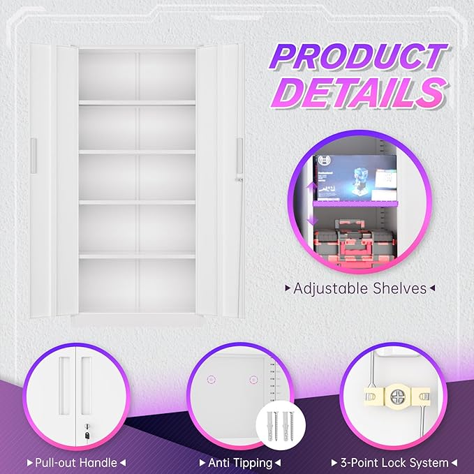 Superday Metal Storage Cabinets, 71" Steel Storage Cabinet with Lock, Tall White Cabinet with 2 Doors and 4 Adjustable Shelves for Garage, Home Office, Classroom, File, Easy Assemble